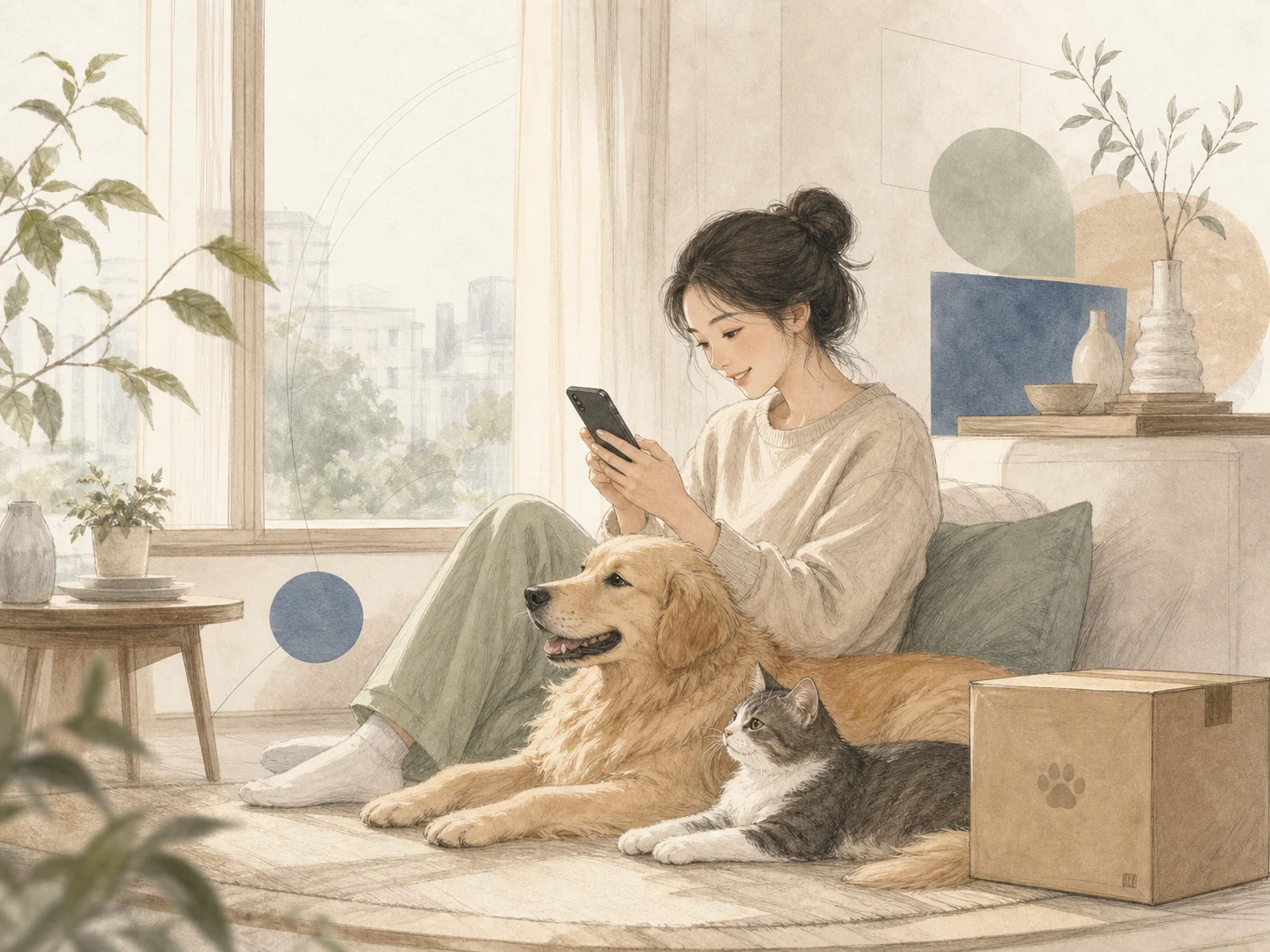 宠物主人通过手机了解宠物健康信息，犬猫陪伴在身旁