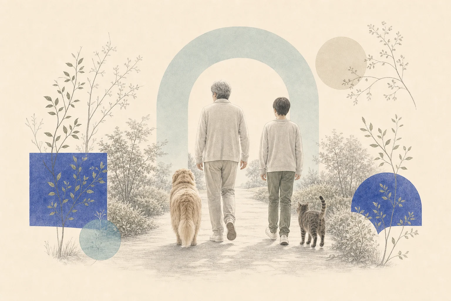 人与犬猫共同走向明亮花园的长期陪伴画面